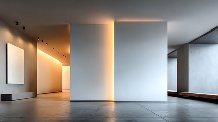Modern minimal interior with smooth white wall covering most of the frame, soft ambient light creating calm atmosphere, clean floor at bottom, spacious blank background for design and text placement.