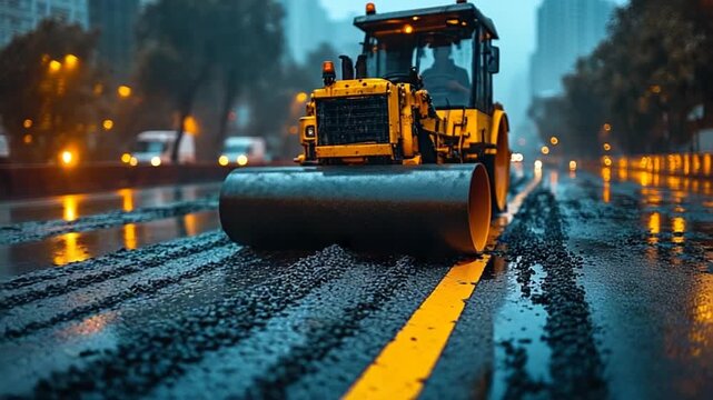 Road Construction in the Rain - Compacting Asphalt with a Roller.