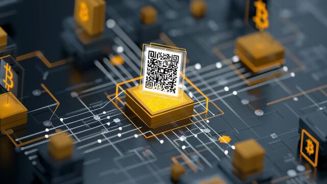 Blockchain token QR code on digital circuit board verifying authenticity with secure cryptocurrency transaction technology and futuristic verification system for digital security
