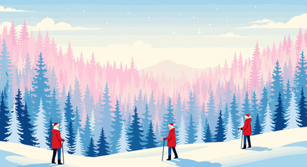 Three hikers explore a vast snow covered landscape with colorful pine trees.