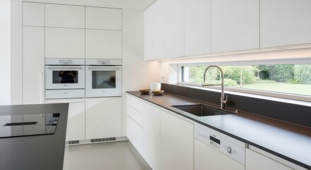 Modern minimalist kitchen interior with white cabinets sleek design perfect for home decor and architectural visualization
