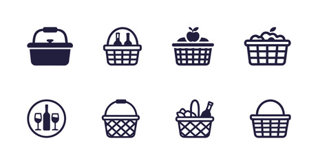 Picnic and Basket Vector Icons Set: Food, Wine, Produce. Outdoor Dining, Leisure Activities, Autumn Harvest.