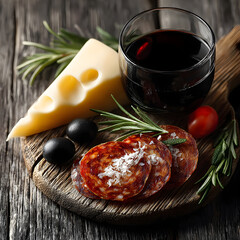 Savor the Moment with Delicious Cheese, Spicy Chorizo, and Rich Red Wine on Rustic Wooden Board for Sophisticated Food and Drink Imagery
