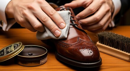 Hands Polishing Brown Leather Oxford Shoe with Cloth and Brush image photo
