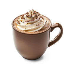 A cup of hot chocolate with whipped cream and chocolate sprinkles.