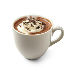 A steaming cup of hot chocolate with whipped cream and chocolate shavings on top.
