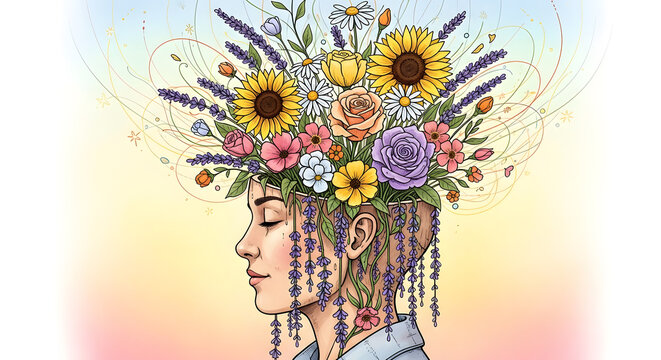 Artistic Illustration of a Woman's Profile with Blooming Flowers and Lavender, Representing Mental Health and Nature