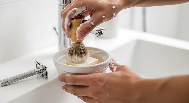 Hands Preparing Shaving Soap with Brush and Razor grooming personal care