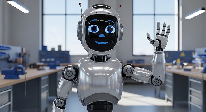 Friendly Silver Robot Waving Hello in a Modern Science Lab. 3D Illustration for AI, Technology, Future, and Automation Concept
