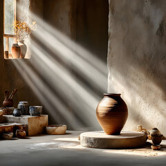 Sunlit pottery studio with handcrafted vases and bowls, a warm inviting space for artisanal crafts and creative inspiration, rustic yet elegant design