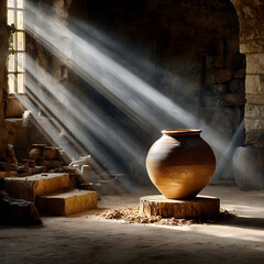 Earthy pottery glowing in sunbeams inside rustic artisan studio, promoting handmade goods and artisan craftsmanship with a warm and inviting atmosphere