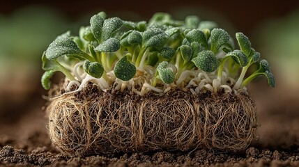 Close-up of microgreens with roots on soil surface healthy and fresh.