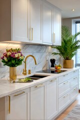 Fototapeta premium Modern kitchen interior design with gold fixtures
