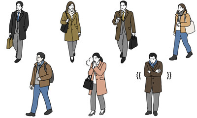 冬の街を歩く男女のイラストセット