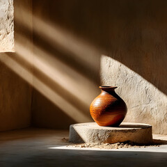 Rustic pottery vase bathed in sunlight, creating a warm, inviting atmosphere for home decor or artistic inspiration in a minimalist setting