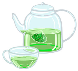 Clean Transparent Teapot and Cup Filled With Green Tea Leaves and Brewed Tea Against A White Background