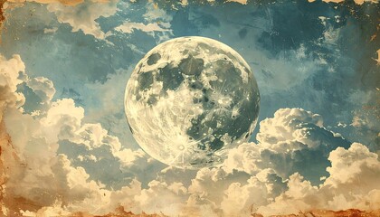 A full, glowing moon hangs high above a cloudy, vintage-styled sky