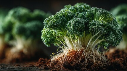 Broccoli plant with roots visible growing in soil close-up shot.