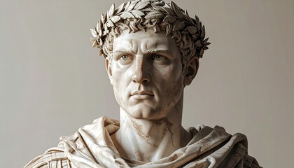 A detailed marble bust of a historical figure wearing a laurel wreath and a draped toga