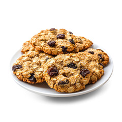 A plate of oatmeal raisin cookies on a white plate.