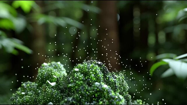 Green Compute Platform. Cloud computing innovation. Future tech infrastructure. AI optimization. Sustainability innovation. A vibrant green moss cloud with water droplets in a lush environment.