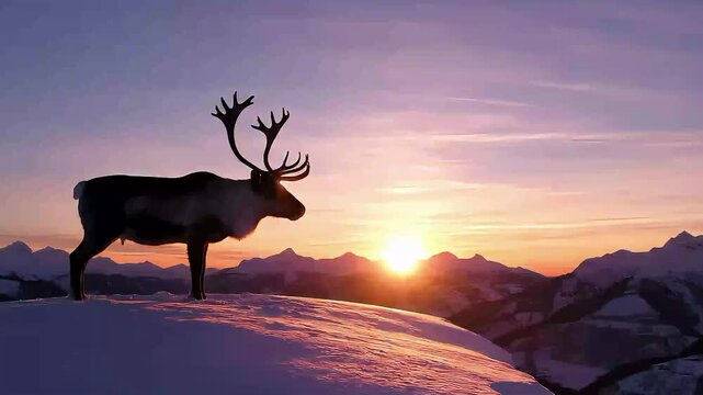Reindeer Silhouette Against Winter Sunrise.