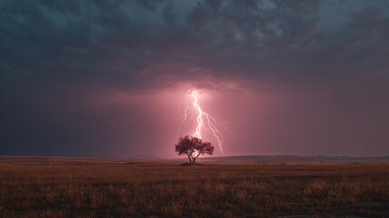The electrifying moment of a lightning strike hitting a tree, showcasing nature's raw power and beauty.