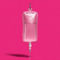 Medical iv bag with blue fluid, isolated on pink background