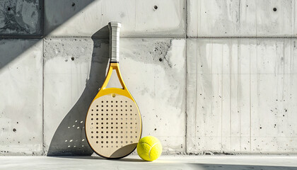 Minimalist photo of a padel leaning against a textured concrete wall Background