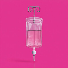 Medical iv bag with blue fluid, isolated on pink background