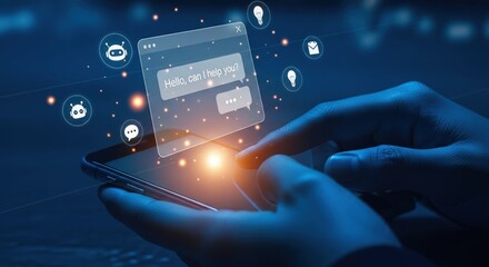 Hands using smartphone with floating chatbot window saying “Hello, can I help you”, glowing AI assistant icons, deep blue lighting, digital communication concept