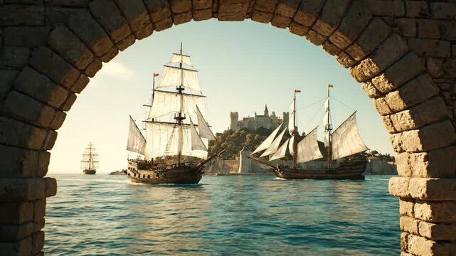 Majestic Historical Fleet of Sailing Ships Approaching a Fortified Coastal Castle at Sunrise