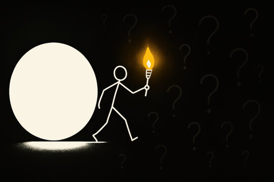Small figure holding a glowing match beside a bright empty circle against a dark wall of question marks for curiosity problem solving uncertainty inspiration search and creative thinking