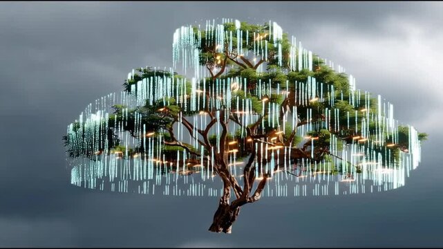 Green Compute Platform. Cloud computing innovation. Future tech infrastructure. AI optimization. Sustainability innovation. A digital tree with binary code elements representing technology and nature.