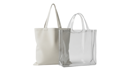 Ecofriendly canvas tote and clear plastic bag isolated on white background featuring bag, tote, shopper, handbag,