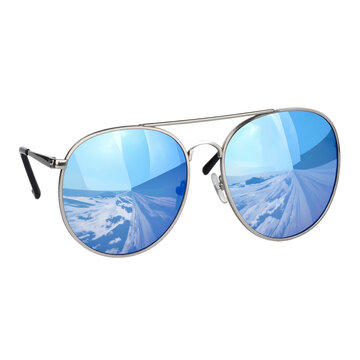 Aviator sunglasses with blue mirrored lenses reflect a winter landscape.