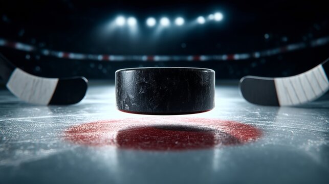 Hockey Puck and sticks on Ice Rink - Powered by Adobe