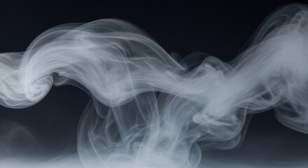Abstract flowing white smoke on dark background, creating ethereal and dynamic patterns. Concept for special effects compositing, aromatherapy visuals and mystery or atmosphere enhancement
