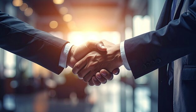 Two businessmen in dark suits shaking hands in bright office lobby with lens flare sunlight warm glow and blurred background symbolizing partnership trust and agreement in business