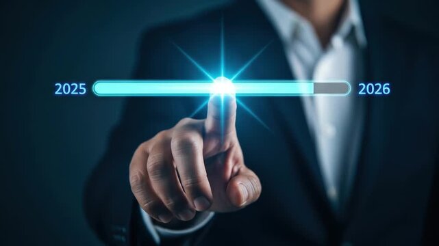 Conceptual business progress hand advancing a glowing digital timeline from 2025 to 2026, symbolizing strategic future planning, goal achievement, and successful transition