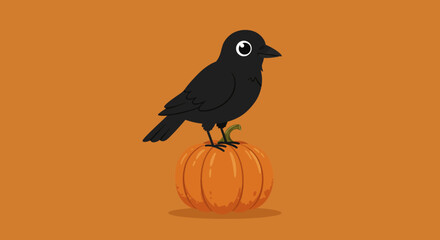 Cute Crow on Pumpkin – Flat Halloween Illustration