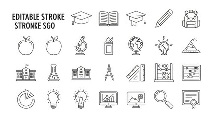 Education school learning study knowledge student teacher university back to school icons set line