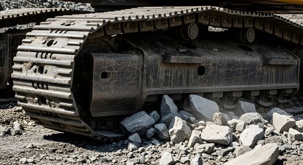 Heavy construction equipment excavator track driving over rubble and concrete debris on a work site