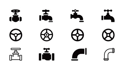 Black/White Plumbing and Piping Component Icons: Faucets, Pipe Fittings, Valves. Plumbing Systems, Construction, Water Flow, Home Infrastructure. Solid/Line Art.