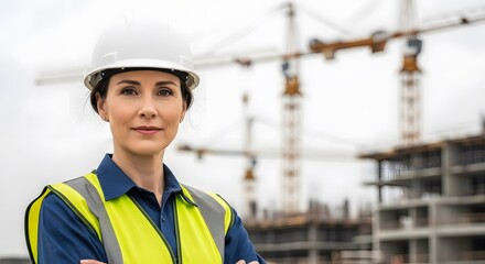 Confident female construction worker wearing hard hat and safety vest at building site with cranes