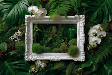 Luxury White Frame on Tropical Green Leaf and Orchid Background