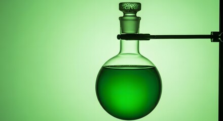 Green liquid in a round bottom flask held by a clamp.