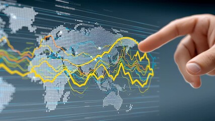 Financial data analysis with hand pointing digital world map featuring colorful line graphs and fluctuating yellow financial graphs showing market trends and global data trends modern technology - Powered by Adobe