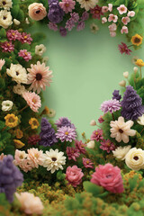 Floral Frame Background with Colorful Flowers on Green Pastel Background