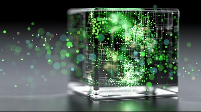 Green Compute Platform. Cloud computing innovation. Future tech infrastructure. AI optimization. Sustainability innovation. A glowing green circuit cube with particles on a dark background